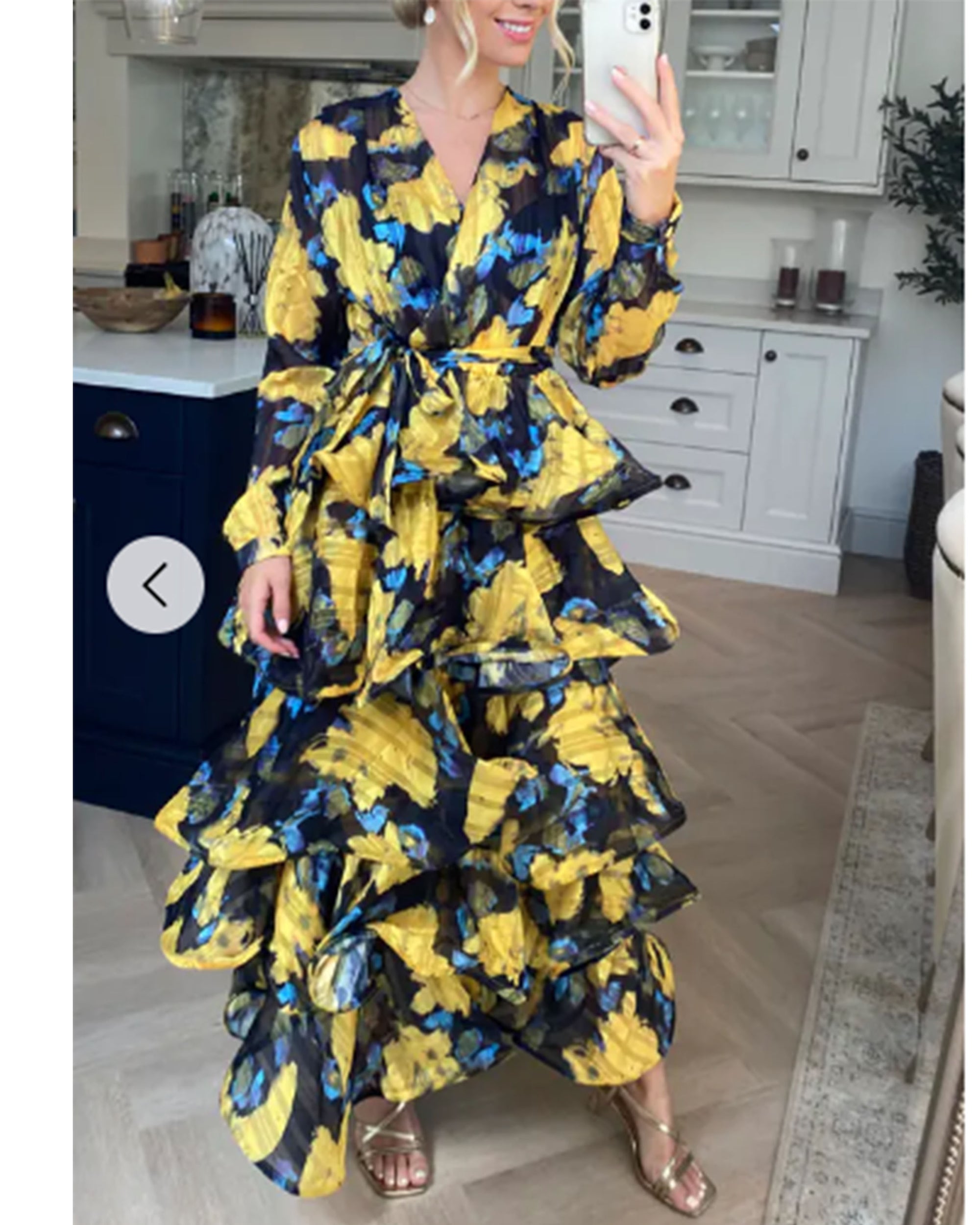 Floral Print Ruffl Multi Layer Hem design Maxi Dress in Yellow
