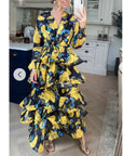 Floral Print Ruffl Multi Layer Hem design Maxi Dress in Yellow