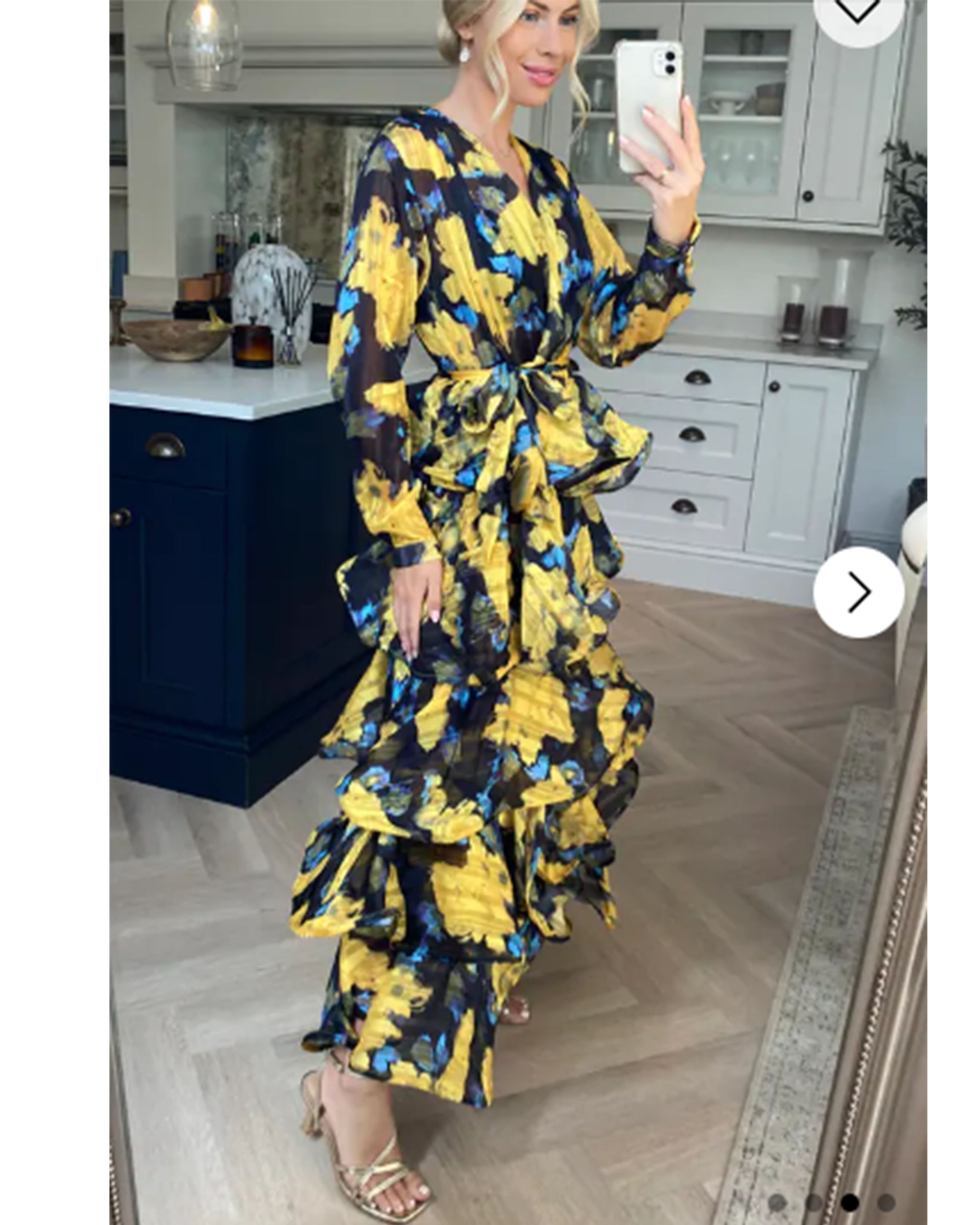 Floral Print Ruffl Multi Layer Hem design Maxi Dress in Yellow