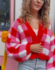 Red White Checked Print Pattern with Big Bow design HandKnit Cardigan