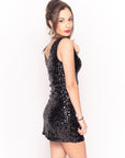 Plain color sequin V neck dress (Black)