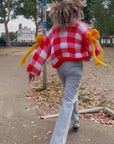 Red White Checked Print Pattern with Big Bow design HandKnit Cardigan