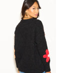 Floral Pattern Embroidered Soft knit Long Sleeves Jumper in black