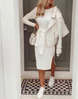 Fine knit bodycon dress with knot tie design in cream white