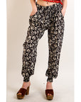 Leaves' print elasticated waist Cotton Trousers (Black)