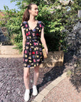 Scarf print A-line dress in black color