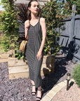 Double strip navy white stripe Maxi dress in black