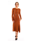 Soft Knitted Ribbed Midi Bodycon Dress tie up on back In Brown