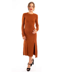 Soft Knitted Ribbed Midi Bodycon Dress tie up on back In Brown