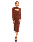Lace up and cut out design Metallic midi bodycon dress in Brown