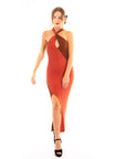 Soft Knitted Ribbed Midi Bodycon twist neck Dress In Brown coffee Contrast