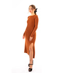 Soft Knitted Ribbed Midi Bodycon Dress tie up on back In Brown