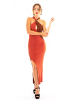 Soft Knitted Ribbed Midi Bodycon twist neck Dress In Brown coffee Contrast