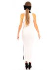 Soft Knitted Ribbed Midi Bodycon twist neck Dress In Black Cream Contrast