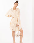 Oversized long shirt dress in textured jacquard design fabric beige color