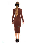 Soft Knitted Ribbed Midi Bodycon Side Split Tie up design Dress In Brown