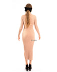Soft Knitted Ribbed Midi Bodycon front twist design Dress In Beige
