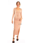 Soft Knitted Ribbed Midi Bodycon front twist design Dress In Beige