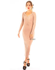 Soft Knitted Ribbed Midi Bodycon front twist design Dress In Beige