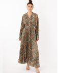Beige Paisley scarf print pleated long shirt dress