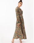Beige Paisley scarf print pleated long shirt dress