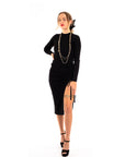 Soft Knitted Ribbed Midi Bodycon Side Split Tie up design Dress In Black