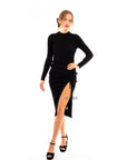 Soft Knitted Ribbed Midi Bodycon Side Split Tie up design Dress In Black