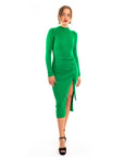 Soft Knitted Ribbed Midi Bodycon Side Split Tie up design Dress In Green