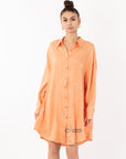 Oversized long shirt dress in textured jacquard design fabric orange color