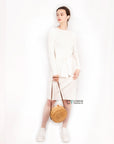 Fine knit bodycon dress with knot tie design in cream white