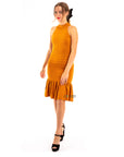High Neck Pleated Metallic Dress Knee Length In Gold
