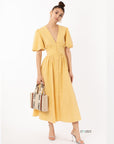 Check print Cotton Blend Puff sleeves midi dress in yellow