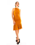 High Neck Pleated Metallic Dress Knee Length In Gold