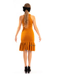 High Neck Pleated Metallic Dress Knee Length In Gold