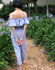 Blue Stripe Cotton Blend Jumpsuits