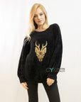 Reindeer patch embroidered fluffy jumper (Black)
