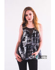Vintage House Print Chiffon Vest Top (Black)