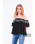 Off shoulder multicolor tasseled trim top (BLACK)