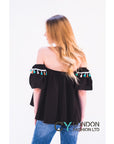 Off shoulder multicolor tasseled trim top (BLACK)