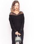 Lace shoulder soft knit jumper top in black