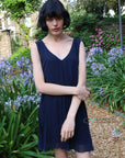 Navy blue chiffon pleated short dress