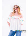 Off shoulder multicolor tasseled trim top (WHITE)