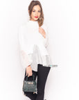 Ruffle lace sleeves soft knit plain color Jumper
