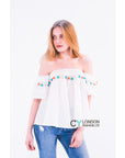 Off shoulder multicolor tasseled trim top (WHITE)