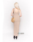 Sleeveless Ribbed Knit Bodycon Dress with Side Split in Beige