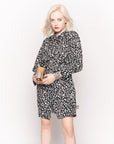 Long Sleeve Shirt Dress with Tie Waist in Black and White Print