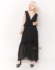 Deep V Neck Sleeveless Maxi Dress with Ruffles in Black