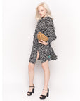 Long Sleeve Shirt Dress with Tie Waist in Black and White Print