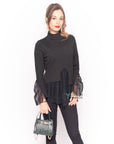 Ruffle lace sleeves soft knit plain color Jumper