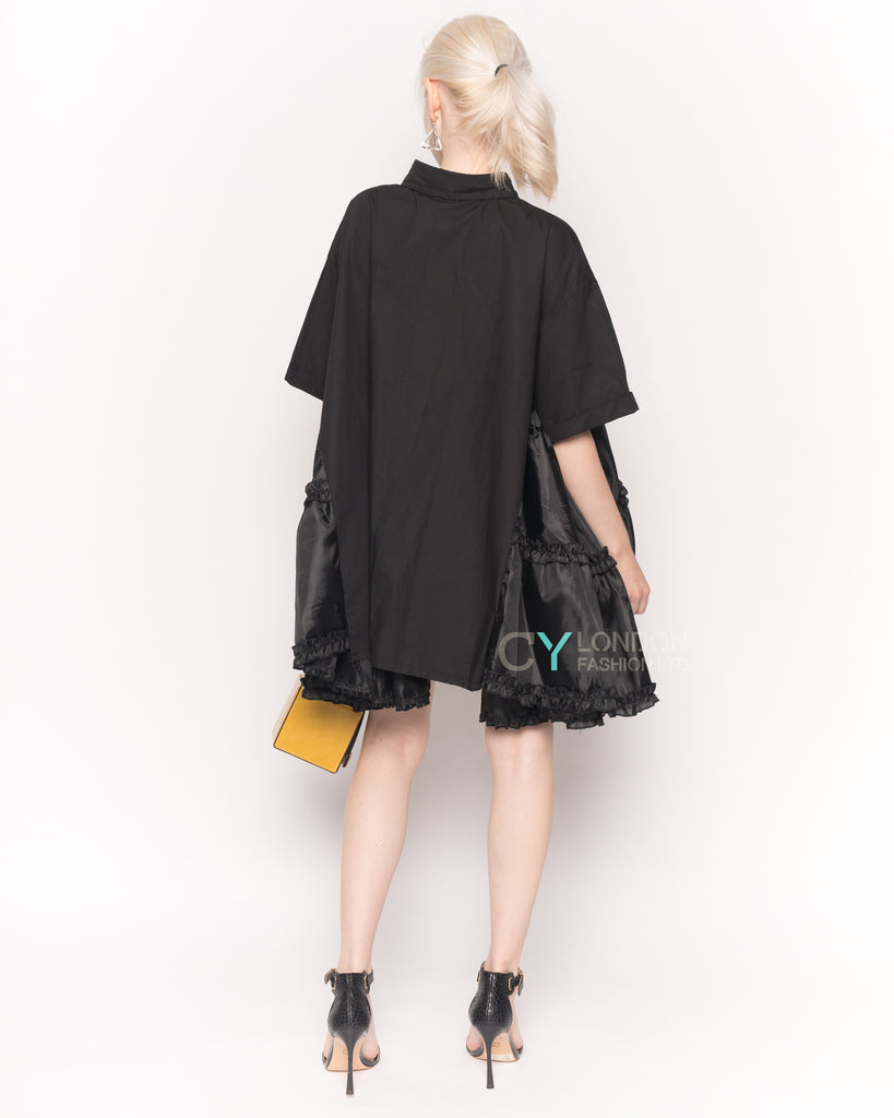 Oversized Short Sleeve Shirt with Frill Detail on Sides in Black